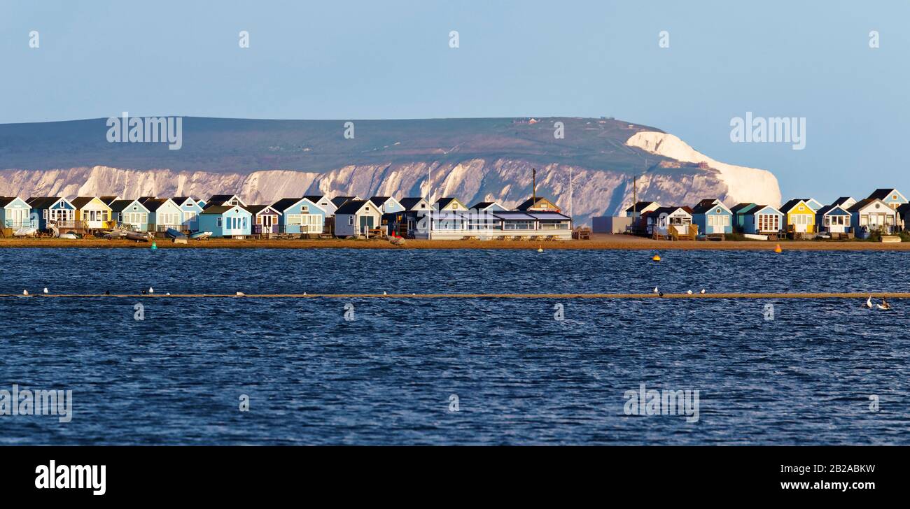 Hengistbury Head from Stanpit Marsh, with the Isle of Wight in the background Stock Photo