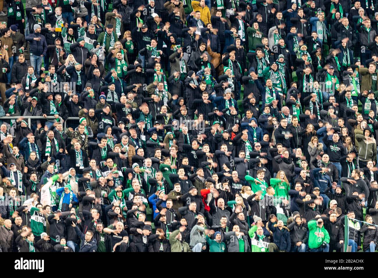 BUDAPEST, HUNGARY - FEBRUARY 29: Ultras of Ferencvarosi TC support their team during the Hungarian OTP Bank Liga match between Ferencvarosi TC and DVSC at Groupama Arena on February 29, 2020 in Budapest, Hungary. Stock Photo