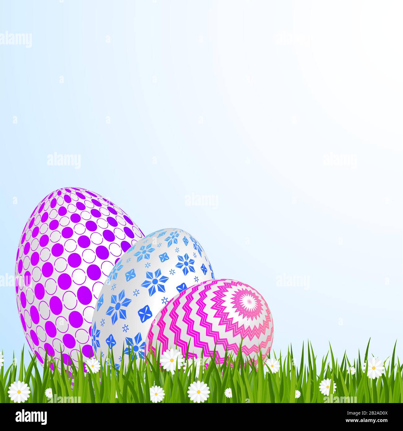 Easter greeting card template. Easter eggs on green grass with daisies. Stock Vector
