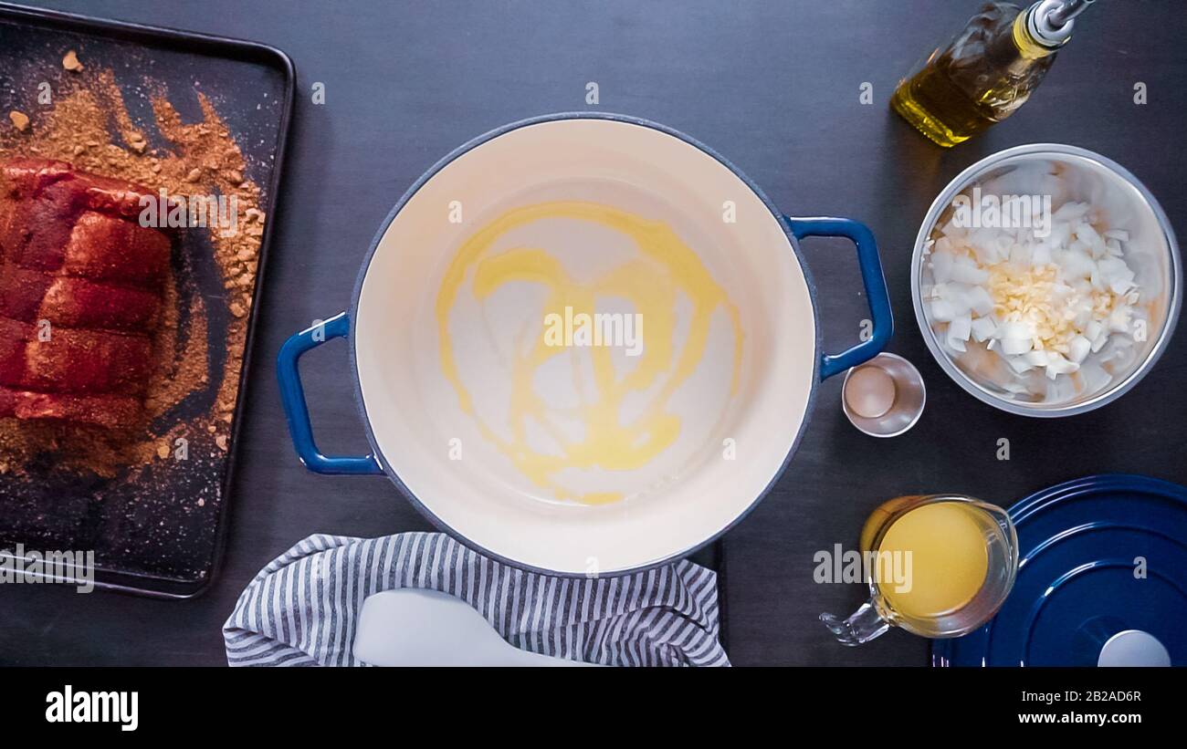 Flat lay. Step by step. Cooking boneless pork roast in cast iron dutch