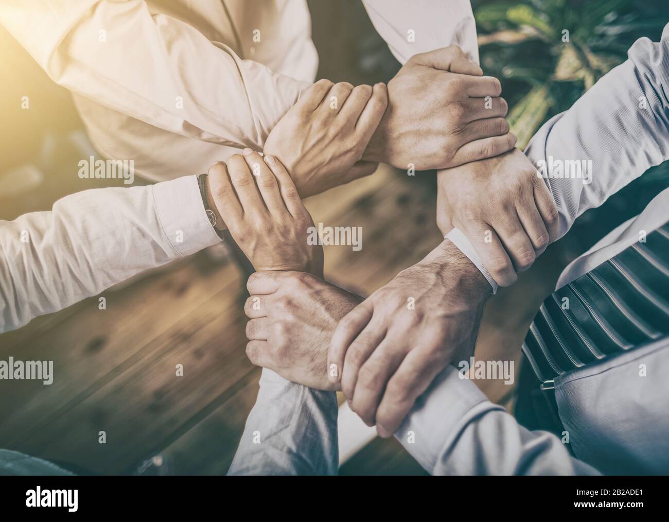 Close up top view of young business people putting their hands together. Stack of hands. Unity and teamwork concept. Stock Photo