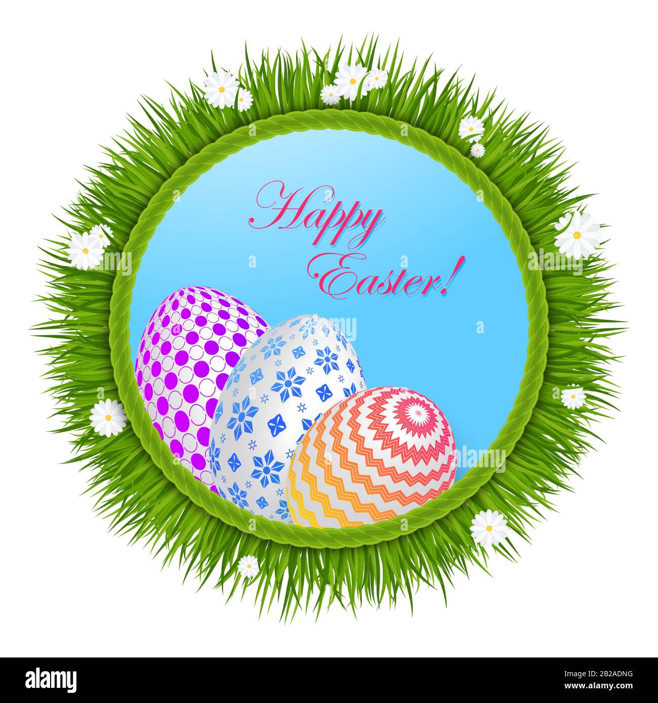 Easter greeting card template. Easter eggs on green grass with daisies. Stock Vector