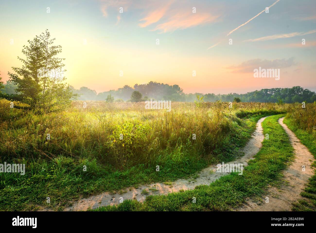 Road and the spring field at the sunrise Stock Photo - Alamy
