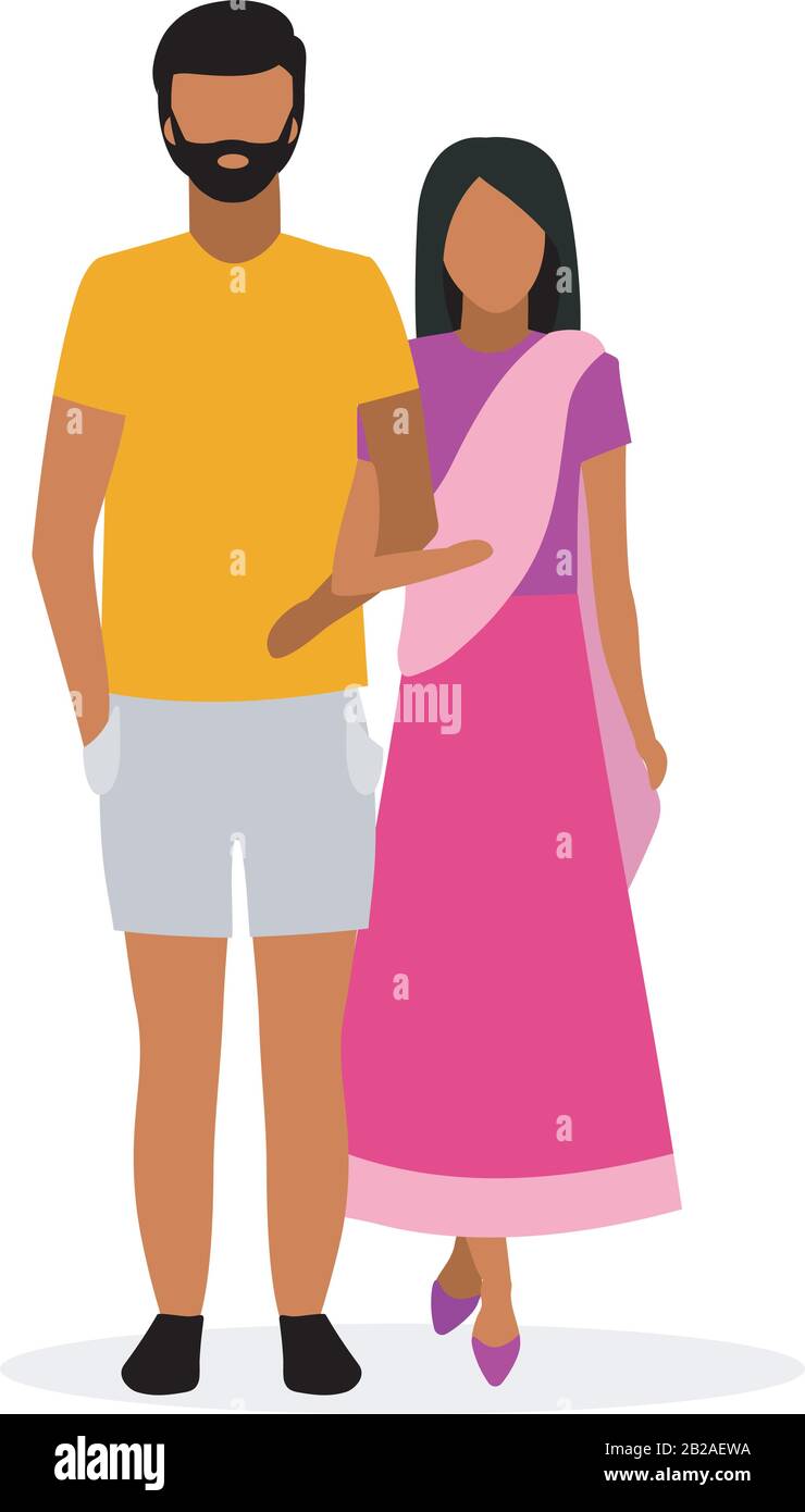 Indian family flat illustration. Asian couple cartoon characters. Wife in traditional indian dhoti and husband in casual clothing isolated on white Stock Vector