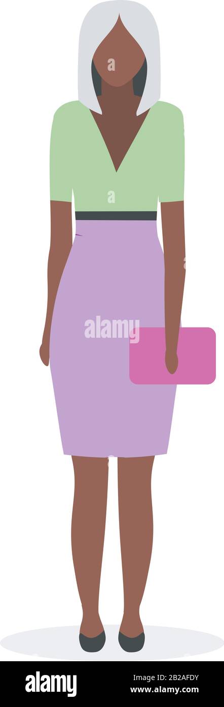 Afro american businesswoman flat vector illustration. Black young woman with blonde hair in formal clothing. Elegant dark skinned lady wearing skirt Stock Vector
