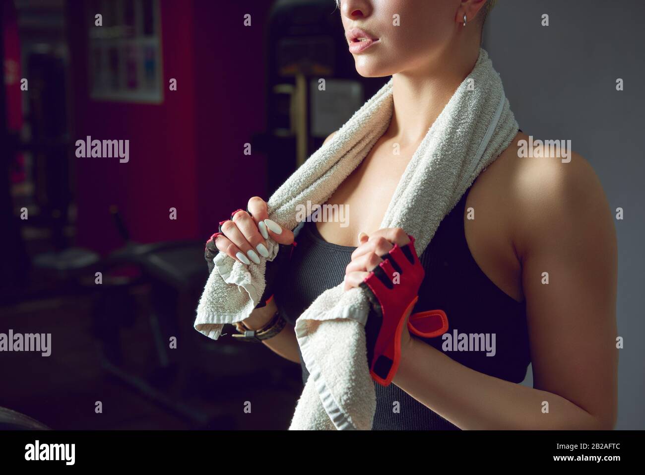 Conviction focused determined passionate confident powerful eyes stare intense athlete exercise trainer Stock Photo