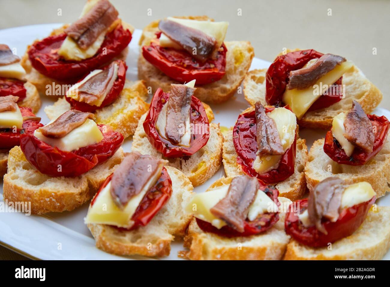 Pintxos, canapes pepper, cheese and anchovy, Gipuzkoa, Basque Country, Spain, Europe Stock Photo