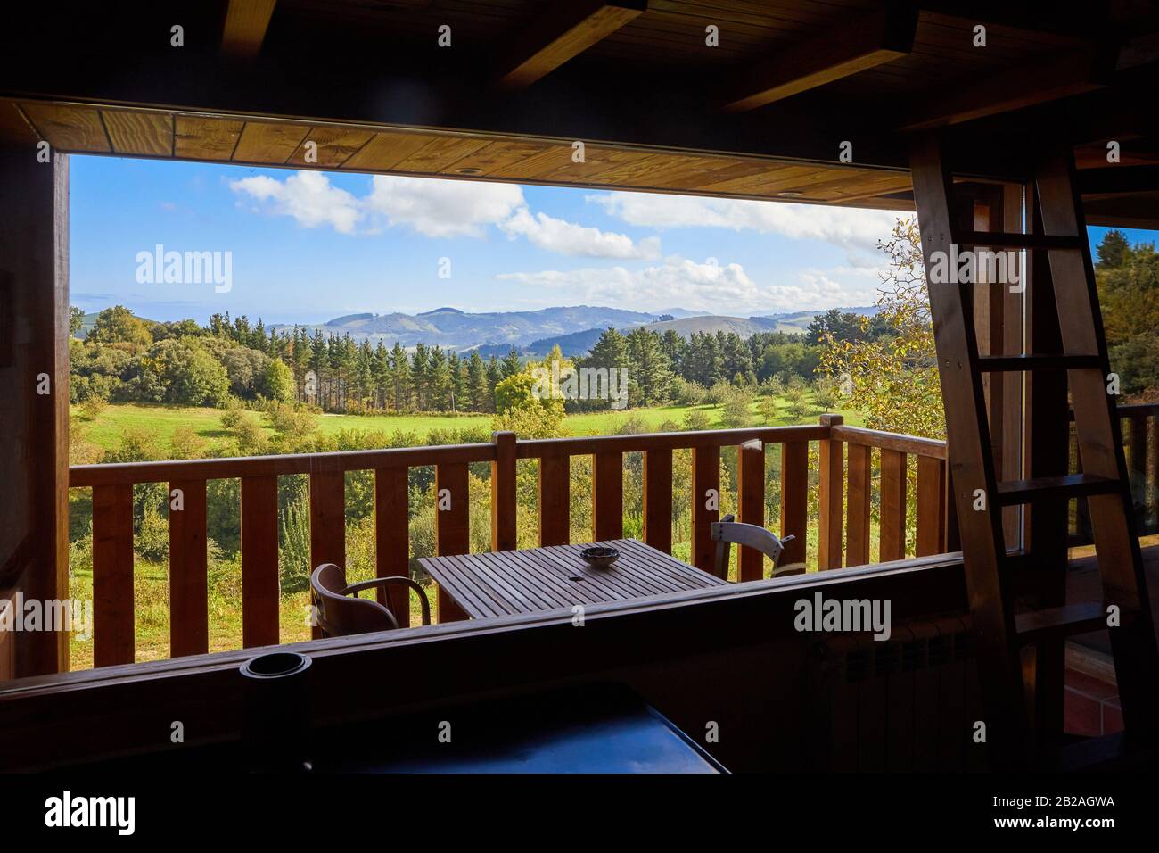 Terrace with mountain views, Apartment in rural house, Deba, Gipuzkoa, Basque Country, Spain, Europe Stock Photo