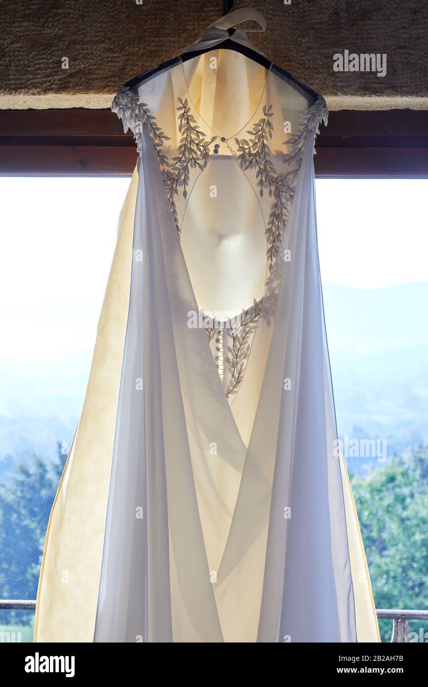 Wedding dress, Event in rural house, Hondarribia, Gipuzkoa, Spain Stock Photo
