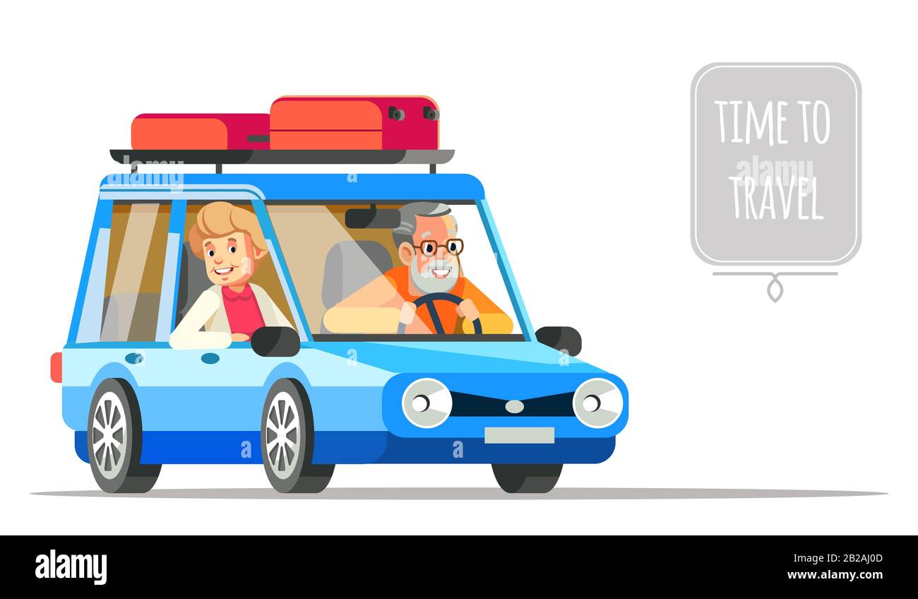 Elderly couple traveling together in a car. Older people life style vector flat illustration and life adventure and pleasure enjoyment. Grandpa and Stock Vector