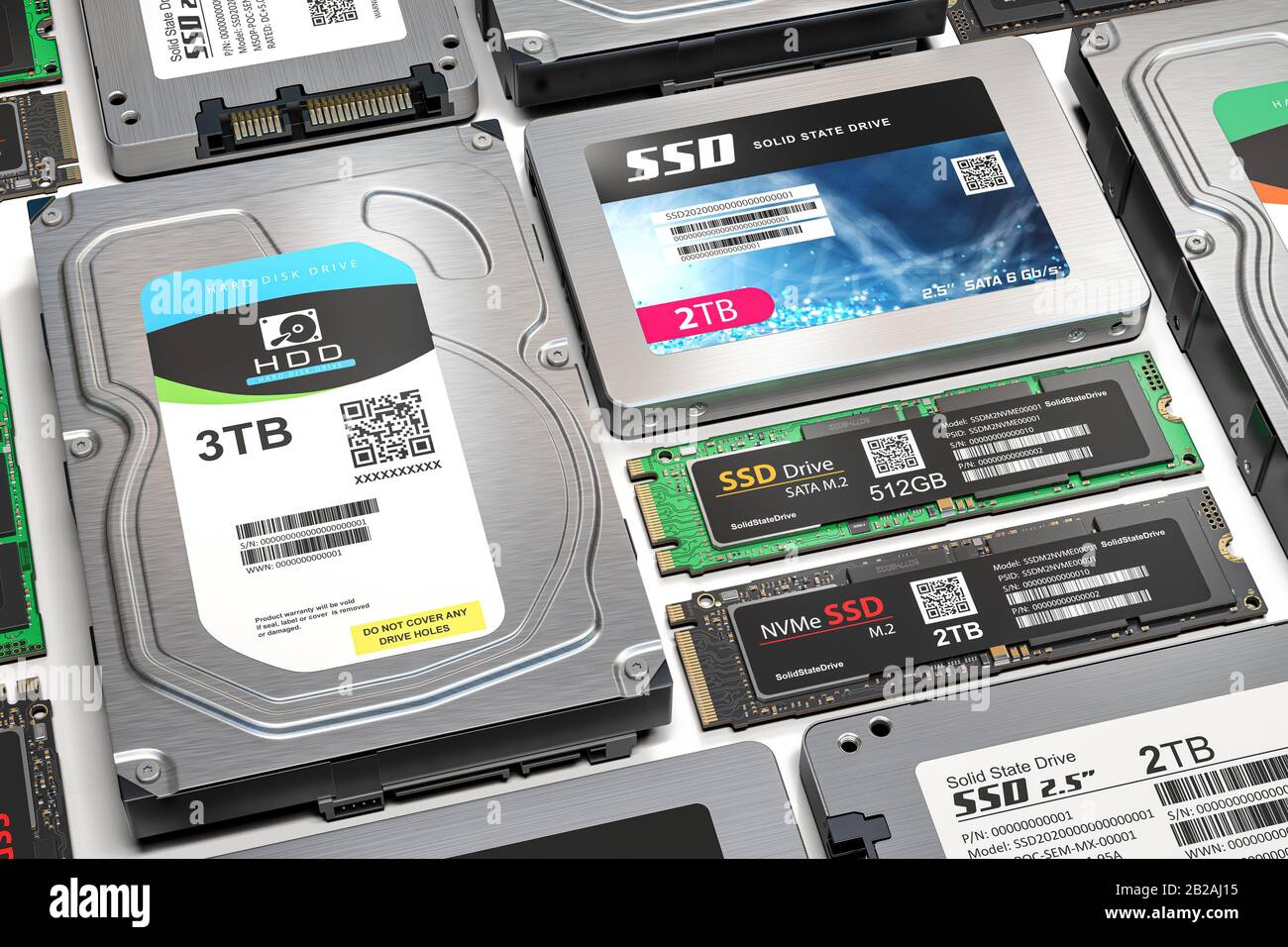 Background from different data storage devices. Hdd, ssd and ssd m2 iin a  row. 3d illustration Stock Photo - Alamy
