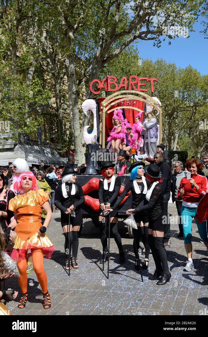 Transvestites, Drag Queens, or Cross Dressers, Cabaret Carnival Float at Spring Carnival Procession on Cours Mirabeau Aix-en-Provence Provence France Stock Photo