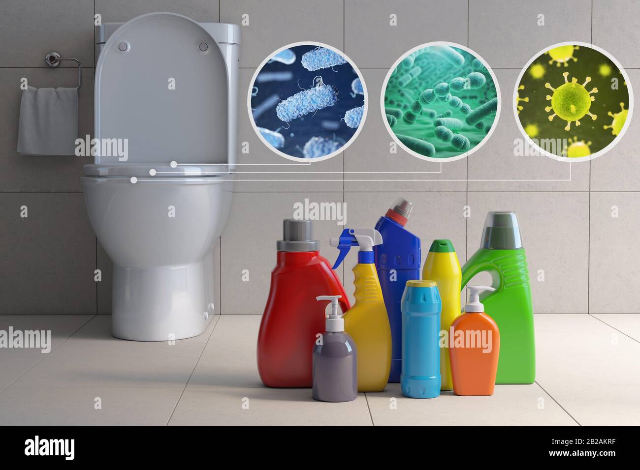 Toilet bowl with different types of bacteria, microbe and virus and