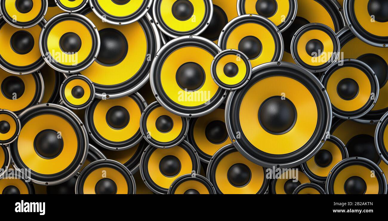 Acoustic sound speakers background. Yellow subwoofers of different size