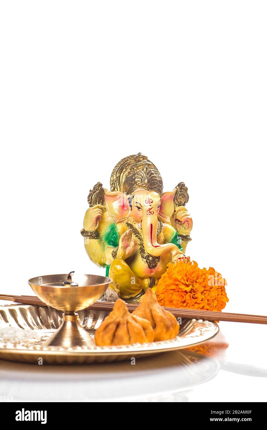 Hindu God Ganesha. Statue of Lord Ganesha. Worship (Pooja) arrangement