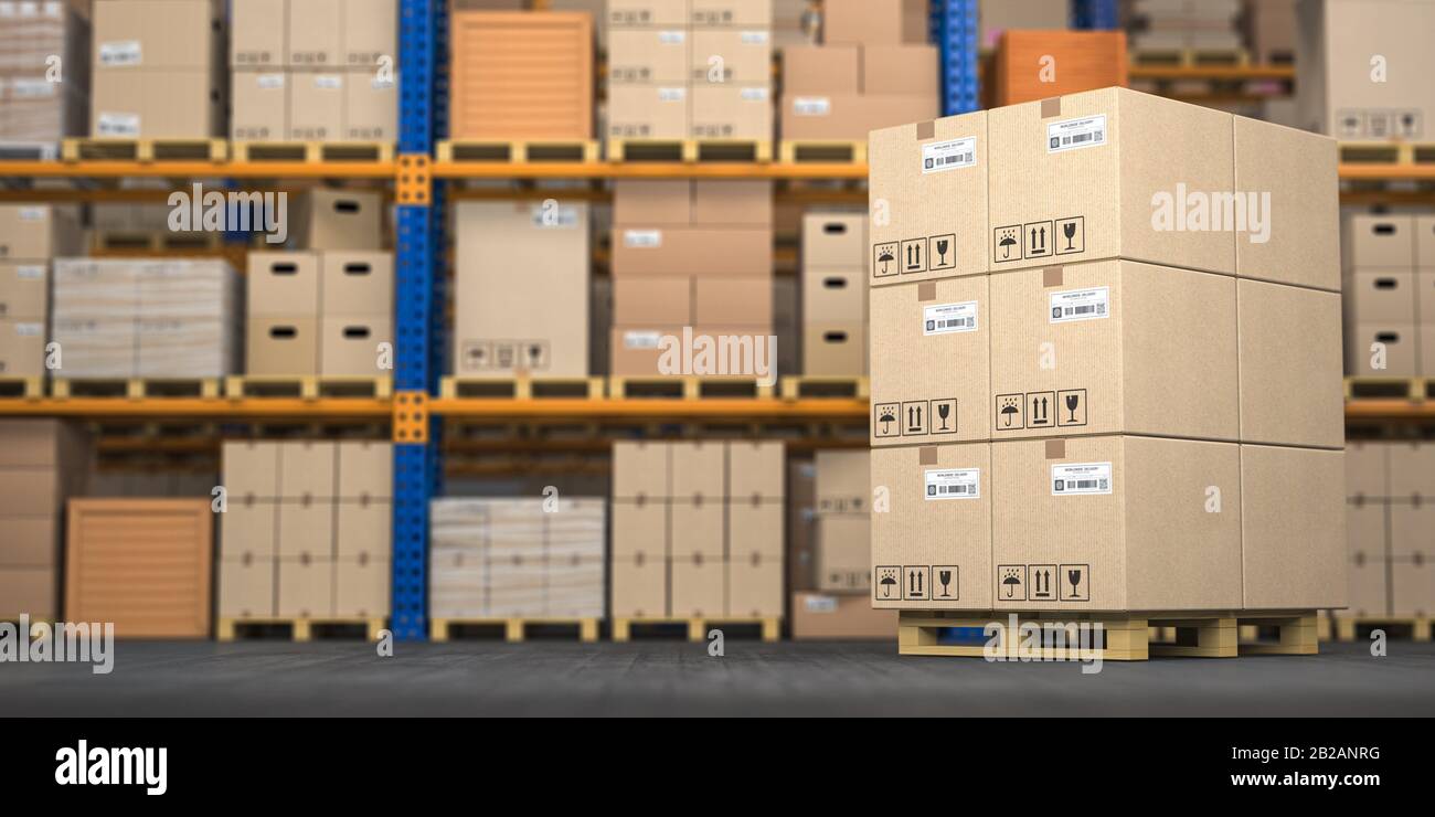 Warehouse or storage with cardboard boxes on a pallet. Logistics and mail delivery concept. 3d illustration. Stock Photo