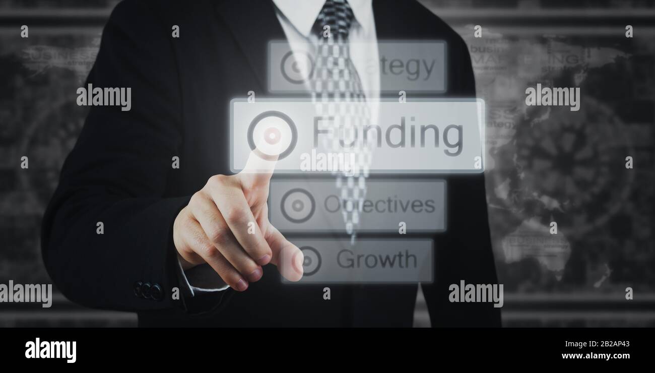 Businessman Pressing Button, Icons on Virtual Screen. Funding, Growth, Strategy Concept. Stock Photo
