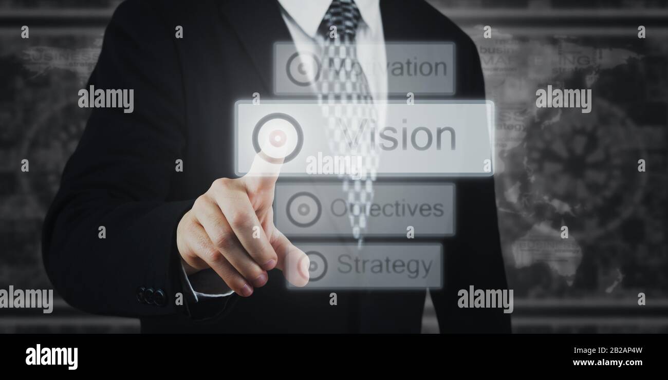 Businessman Pressing Button, Icons on Virtual Screen. Vision, Strategy, Planning Concept. Stock Photo