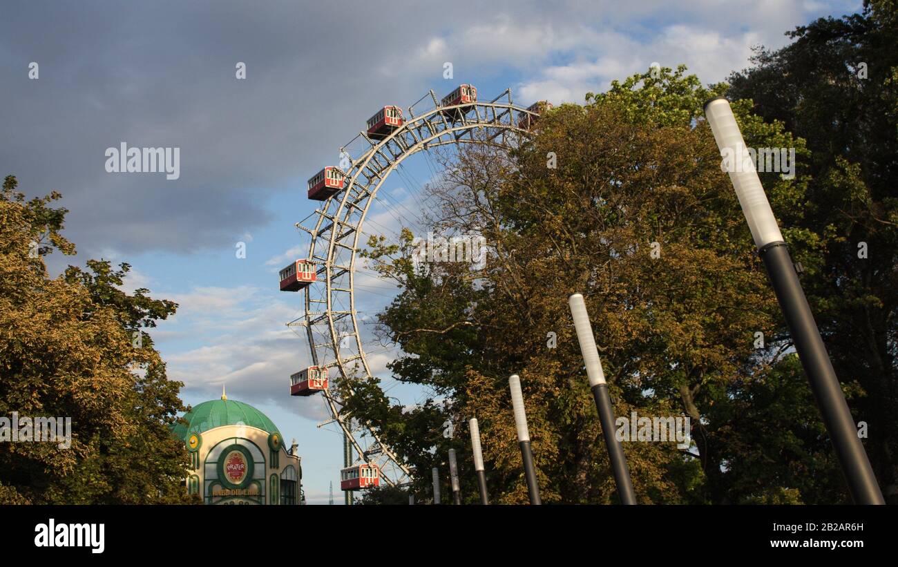 VIENNA, AUSTRIA - AUGUST 16, 2019 - Ferris Wheel at Amusement Park Prater on August 16, 2019 in Vienna, Austria.. Stock Photo