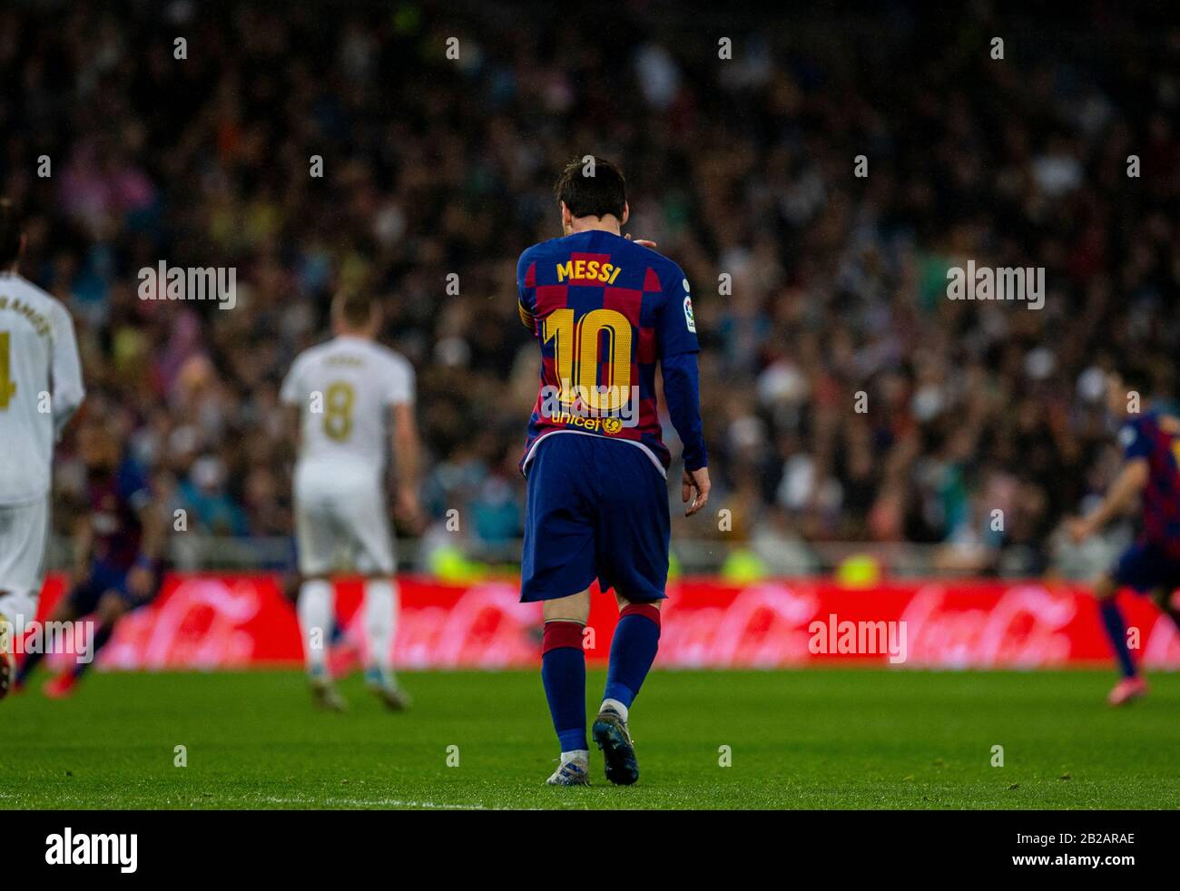 Lionel Messi of FC Barcelona during the Spanish La Liga match round 26  between Real Madrid and FC Barcelona at Santiago Bernabeu Stadium in   score: Real Madrid 2-0 Barcelona Stock Photo -