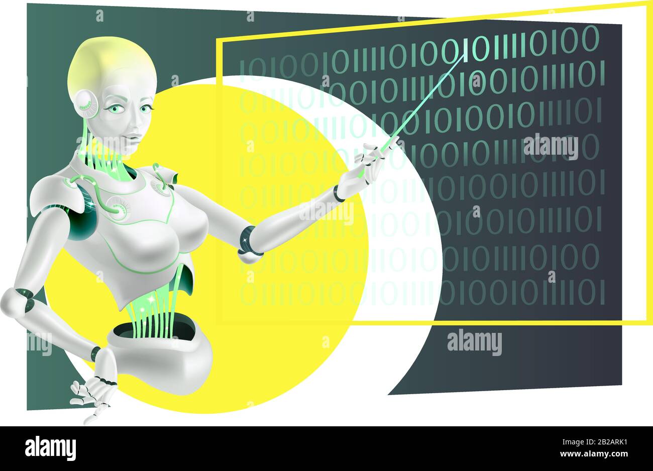 Illustration of a robot lecturer or cyborg teacher with a pointer. Humanoid female Android with artificial intelligence at the school Board. Robot tea Stock Vector
