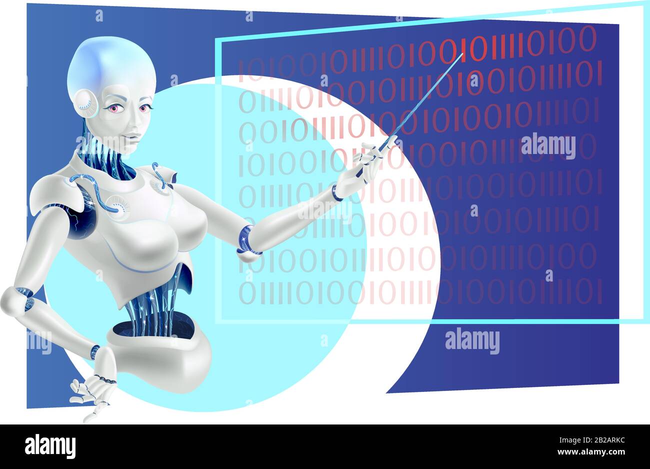 Robot lecturer or cyborg teacher standing in front of board with a pointer. Robot teacher holding pointer in hand. Humanoid female Android with artifi Stock Vector