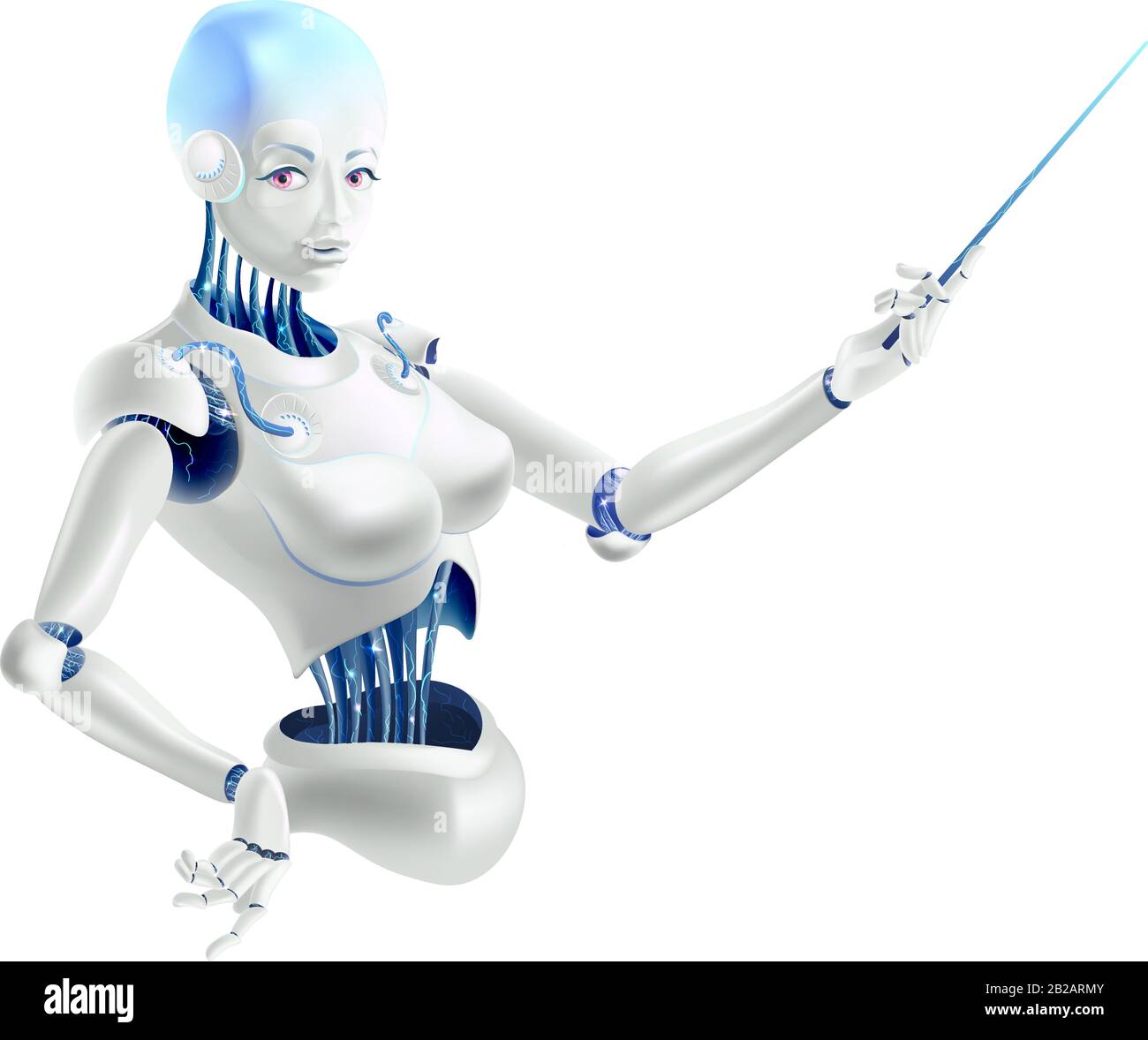 Illustration of a robot lecturer or cyborg teacher with a pointer. Humanoid female Android with artificial intelligence holding pointer in hand. Vecto Stock Vector