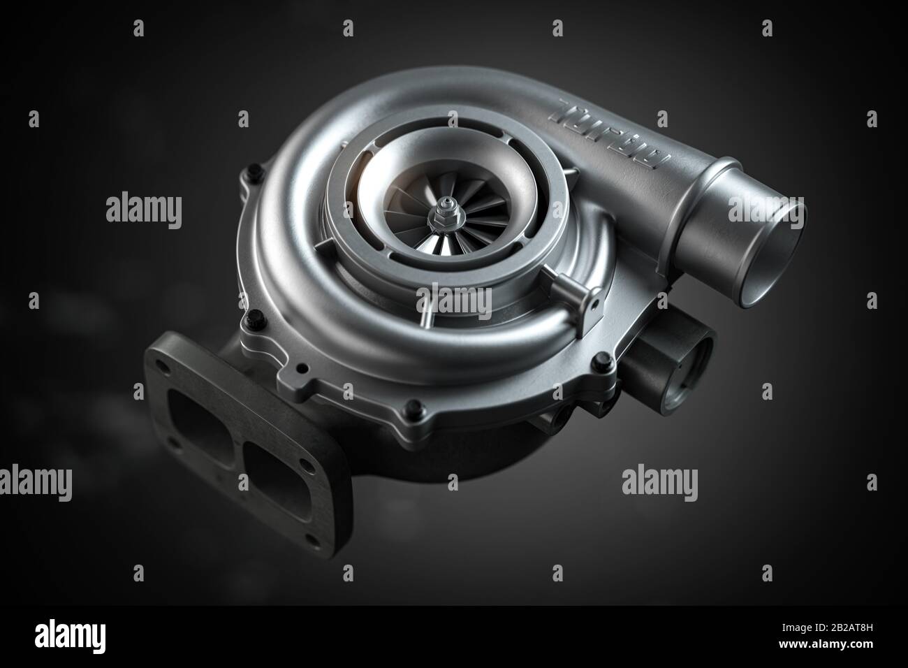 Car turbocharger on black background. Auto part turbo engine technology