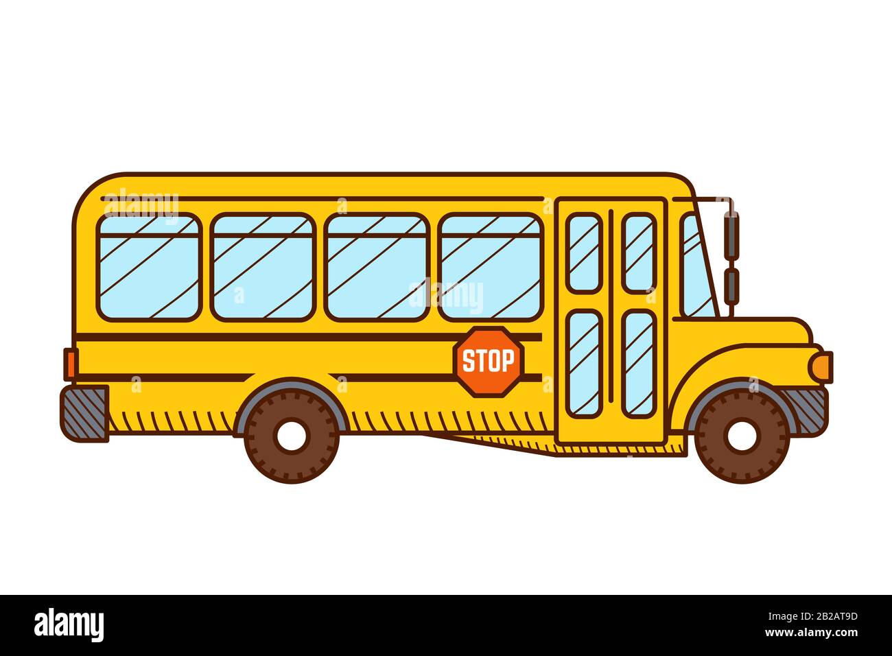 Yellow school bus vector icon on white background. Side view. Stock Vector