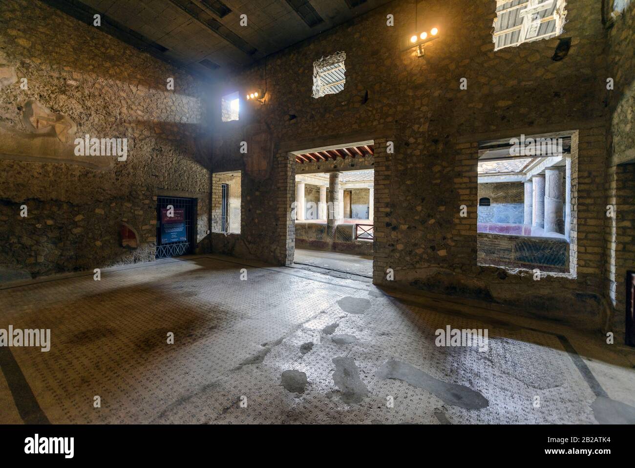 Oplontis Villa of Poppea - A large hall decorated with frescoes in the IV style on white plaster. Stock Photo