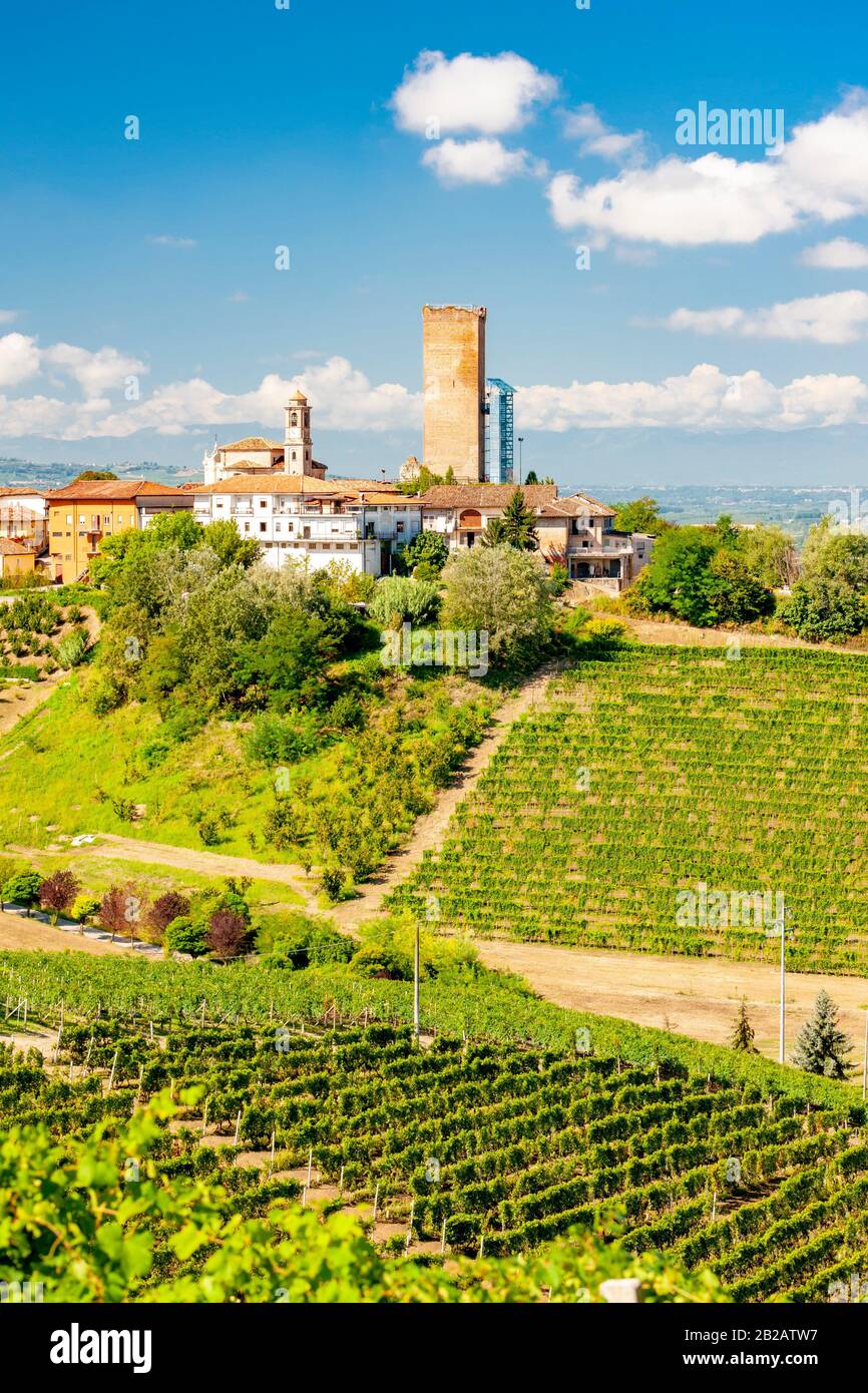 Barbaresco village and vineyards, Unesco Site, Piedmont, Northern Italy. Stock Photo