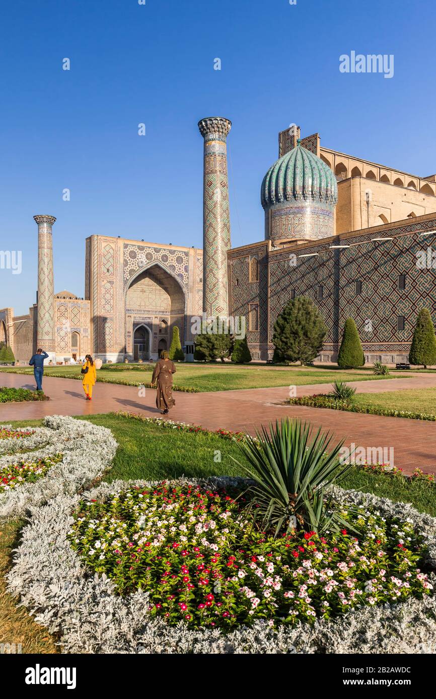 Garden, Registan Square, Samarkand, Uzbekistan, Central Asia, Asia Stock Photo