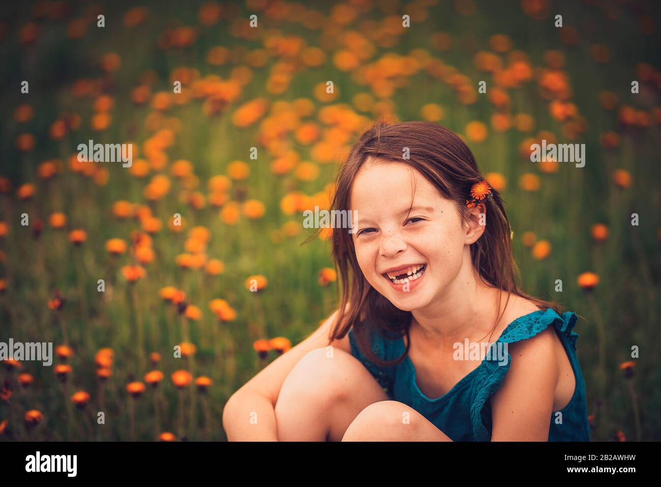 Happy girl sitting in a meadow with wildflowers, USA Stock Photo
