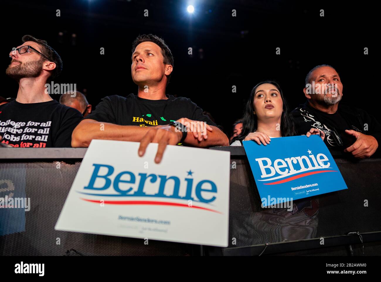 Supporters attend a campaign rally for Democratic presidential candidate Senator Bernie Sanders in Los Angeles, California on March 1, 2020. Sanders is campaigning ahead of the Super Tuesday Democratic presidential primaries. (Photo by Ronen Tivony/Sipa USA) *** Please Use Credit from Credit Field *** Credit: Sipa USA/Alamy Live News Stock Photo