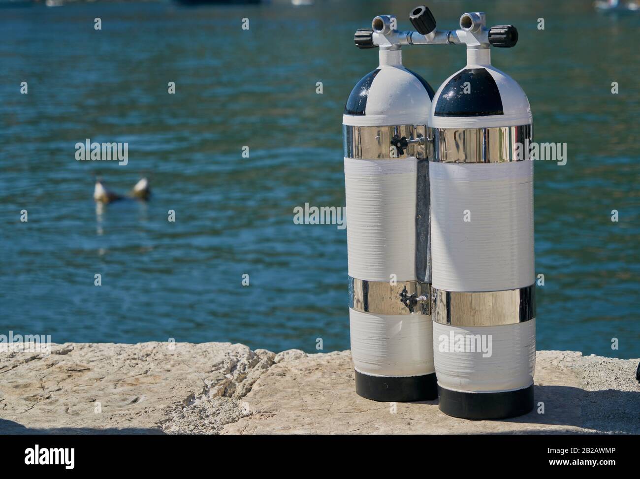 Two white diving tanks leaning against the seashore in a harbour Stock