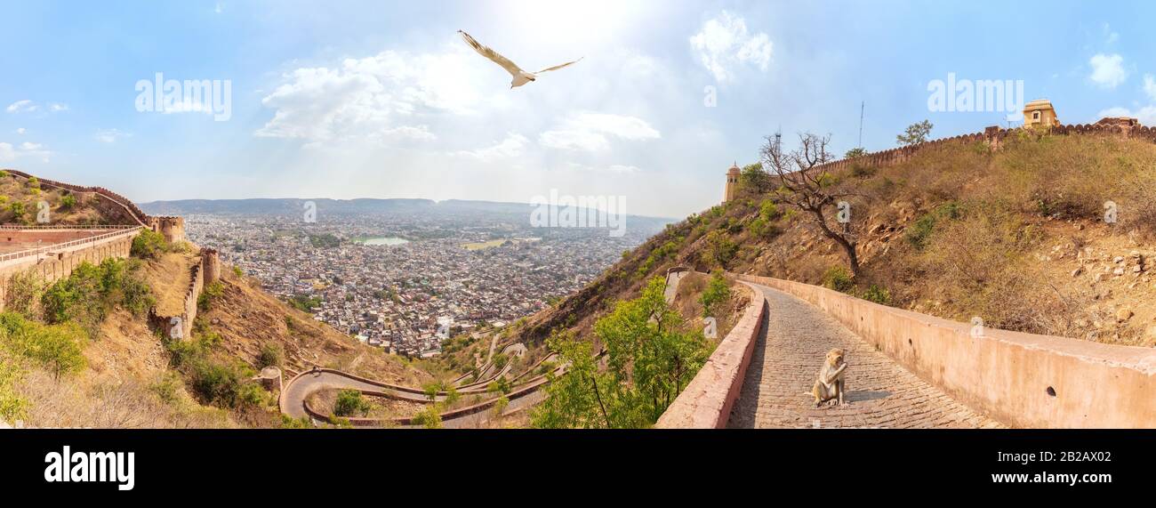 Nahargarh Fort and view on Jaipur, aerial panorama, India. Stock Photo