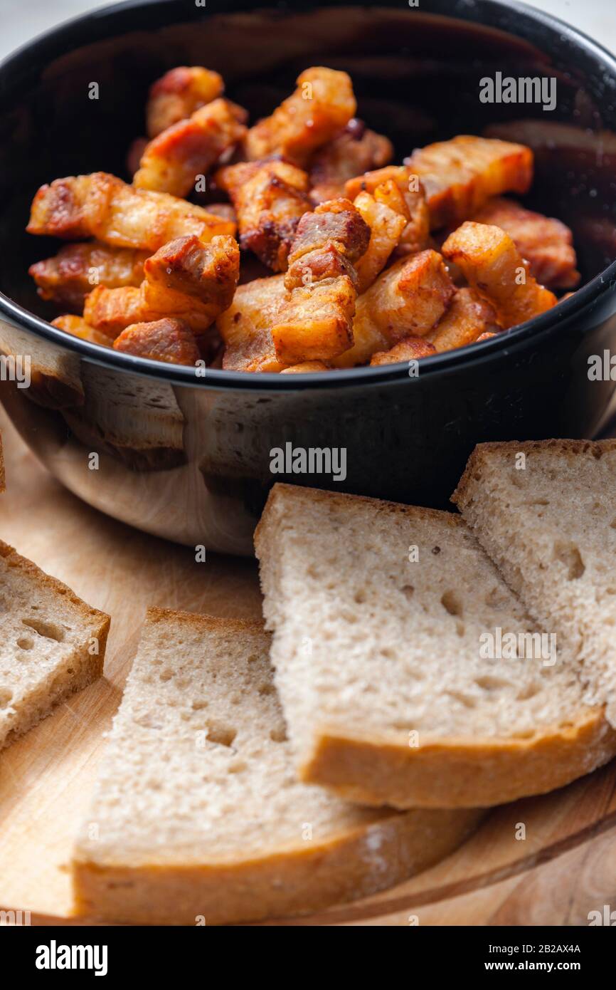 homemade greaves of pork side Stock Photo - Alamy