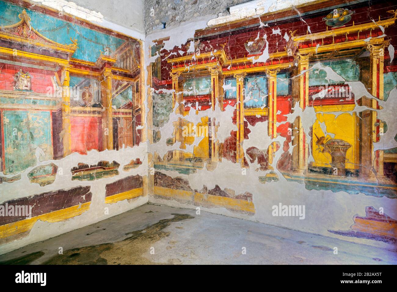 Oplontis Villa of Poppea - Salon used as a living room, with precious pictorial decorations. Stock Photo
