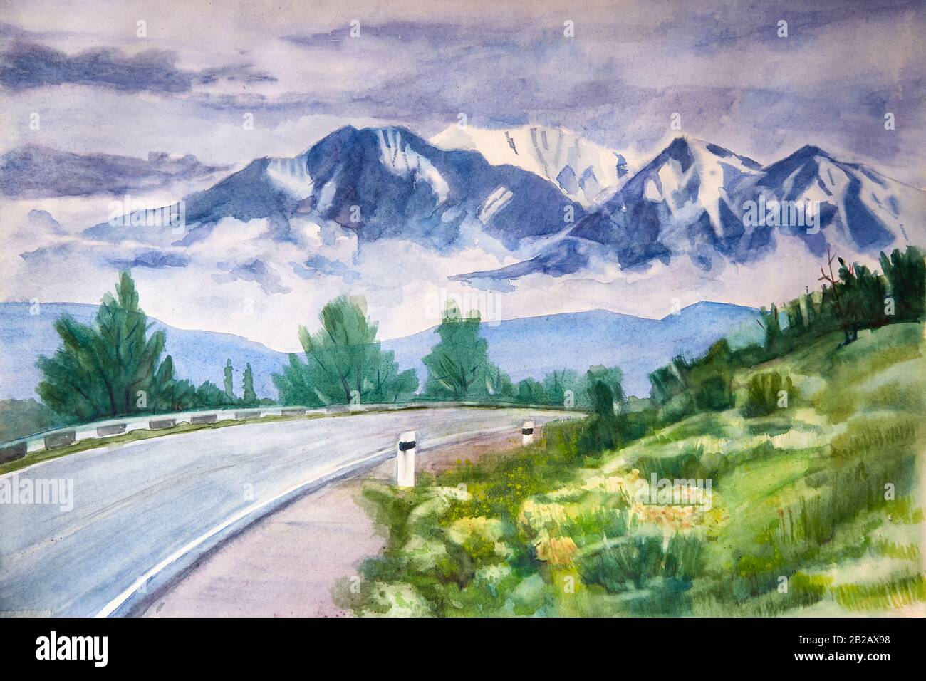 Watercolor illustration. Landscape of a mountain valley sunset, sunrise. Art painting. Stock Photo