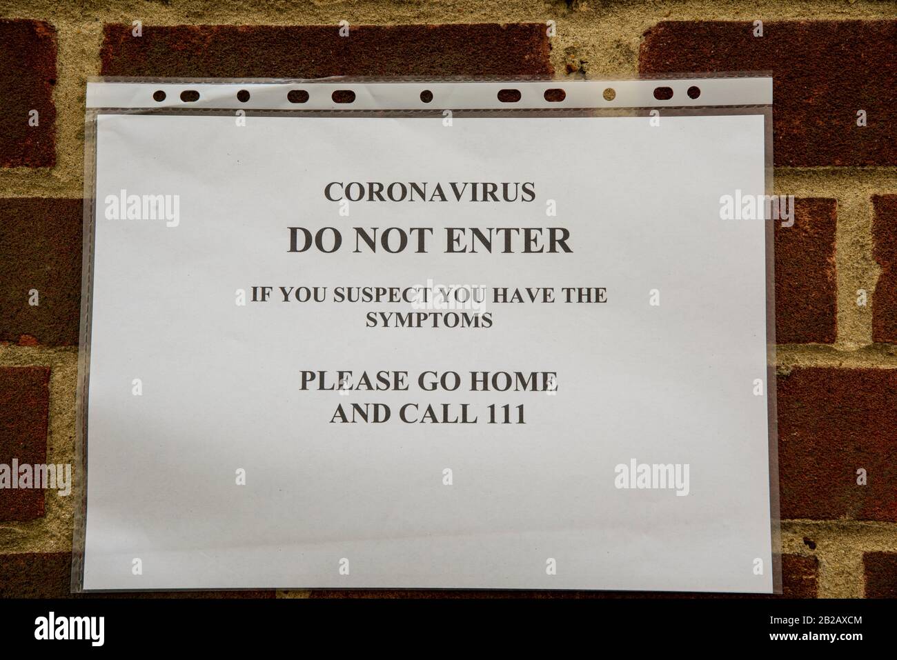 Coronavirus sign. Surrey, UK. February 2020 Stock Photo