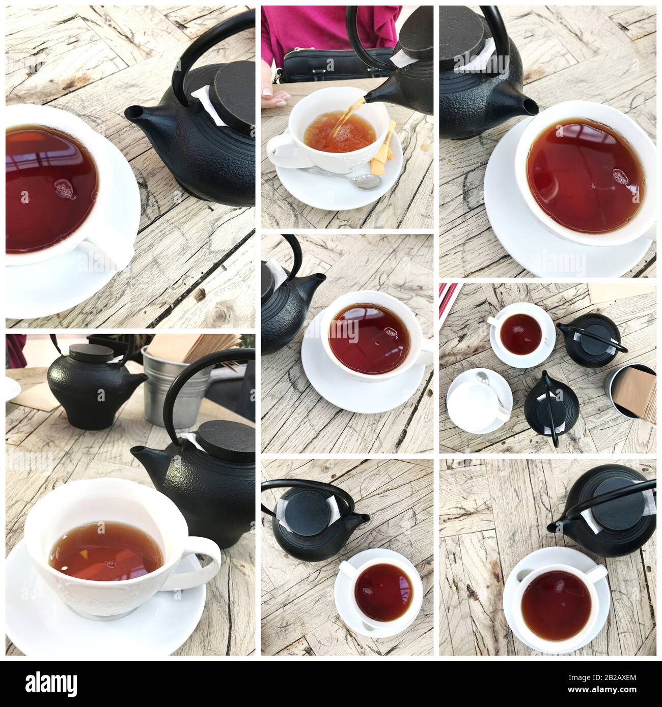 Teapot Pouring Drink In Cup On Table. Pouring Tea British Style. Kettle Pouring Tea In Cup Stock
