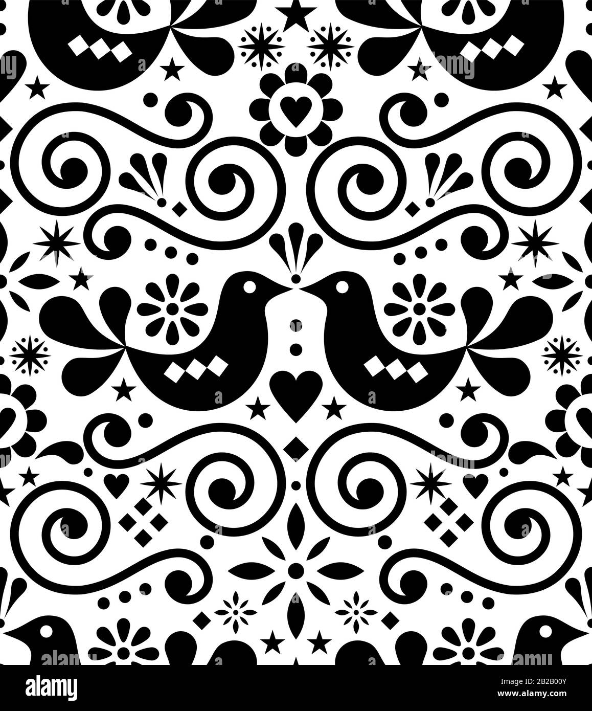 Scandinavian floral folk art vector seamless design, cute Nordic pattern with birds in black on white background Stock Vector