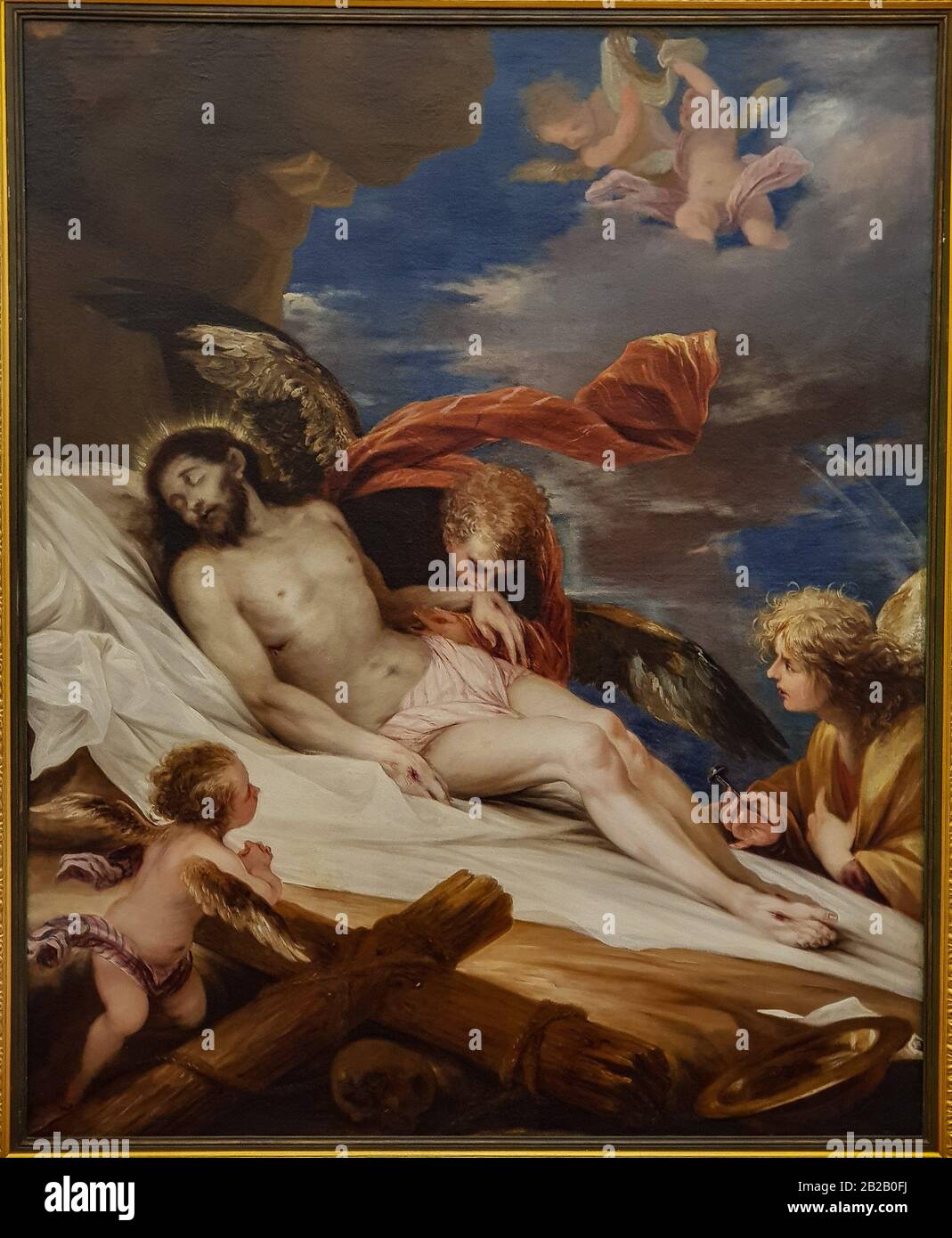 '''Dead Christ worshipped by angels'', Juan Frías Escalante (1633-1669), oil on canvas. Stock Photo
