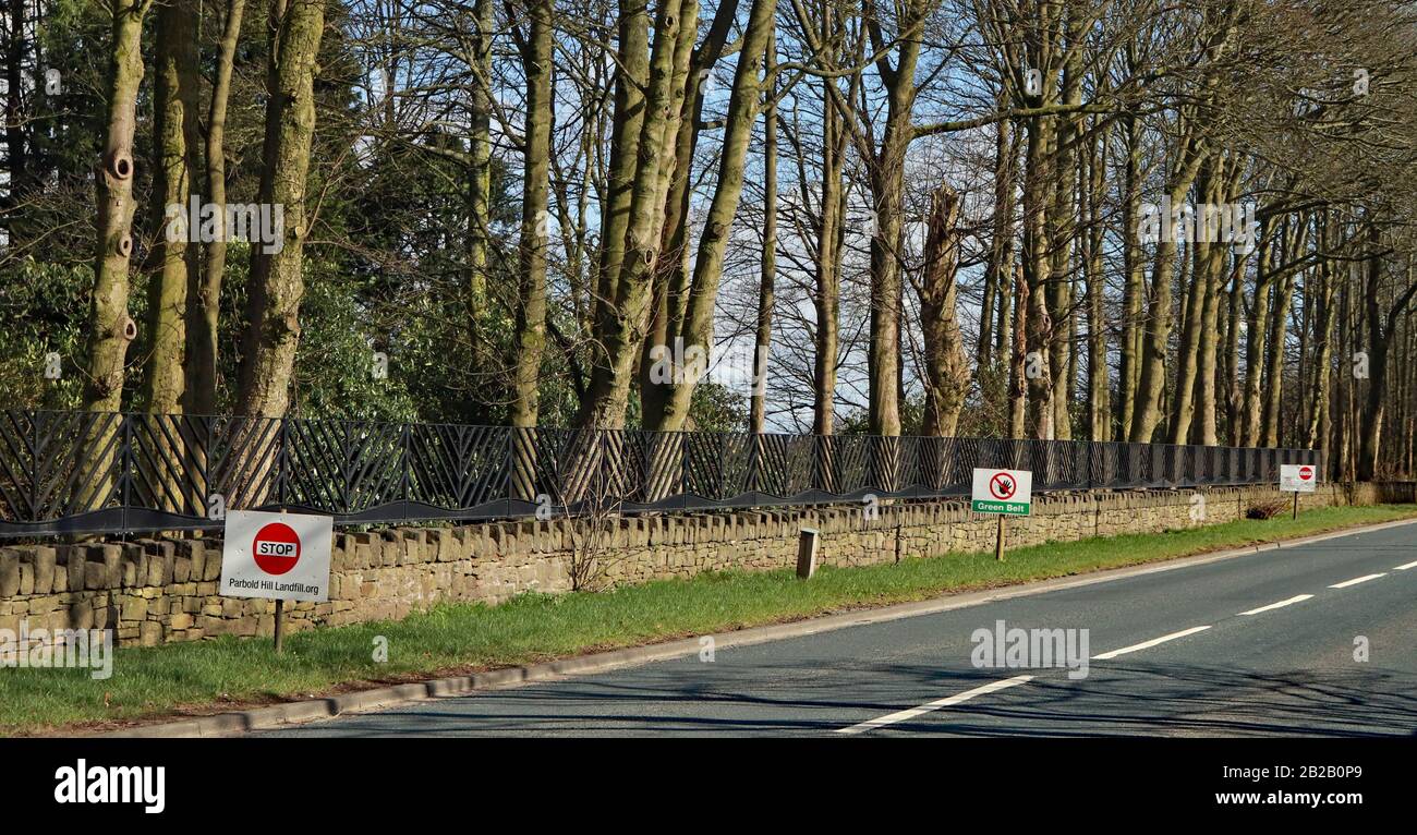 3 protest signs alongside the A5209, Hall Lane at Appley Bridge in West Lancashire. There is concern about new tipping at a former land fill site. Stock Photo
