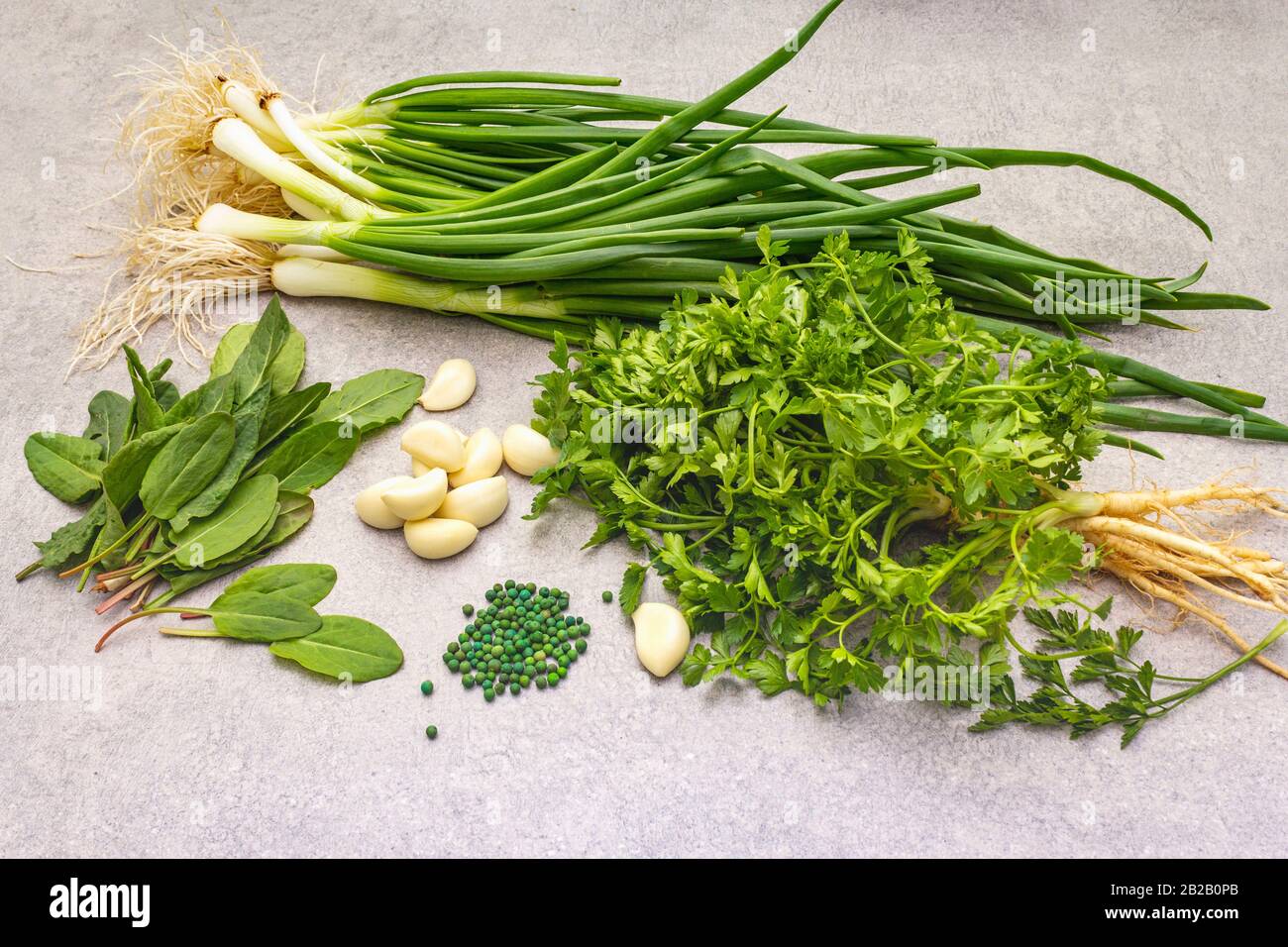 A bunch of fresh green onions, sorrel, parsley, garlic and green pepper