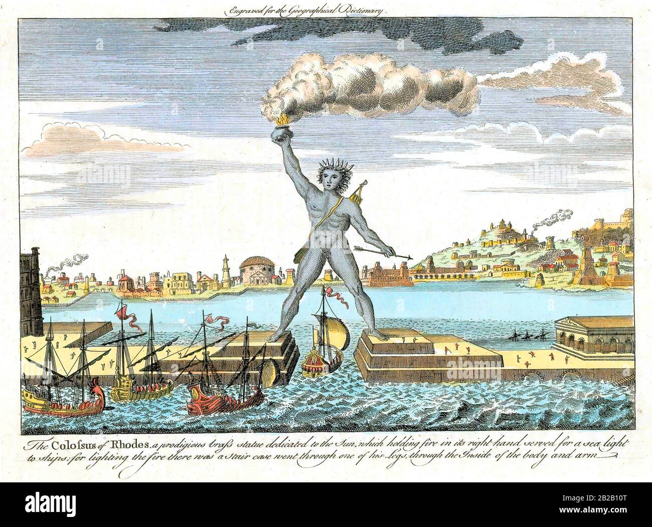 The Colossus of Rhodes, one of the Seven Wonders of the Ancient World. Engraved for the New Geographical Dictionary, 18th Century. Stock Photo