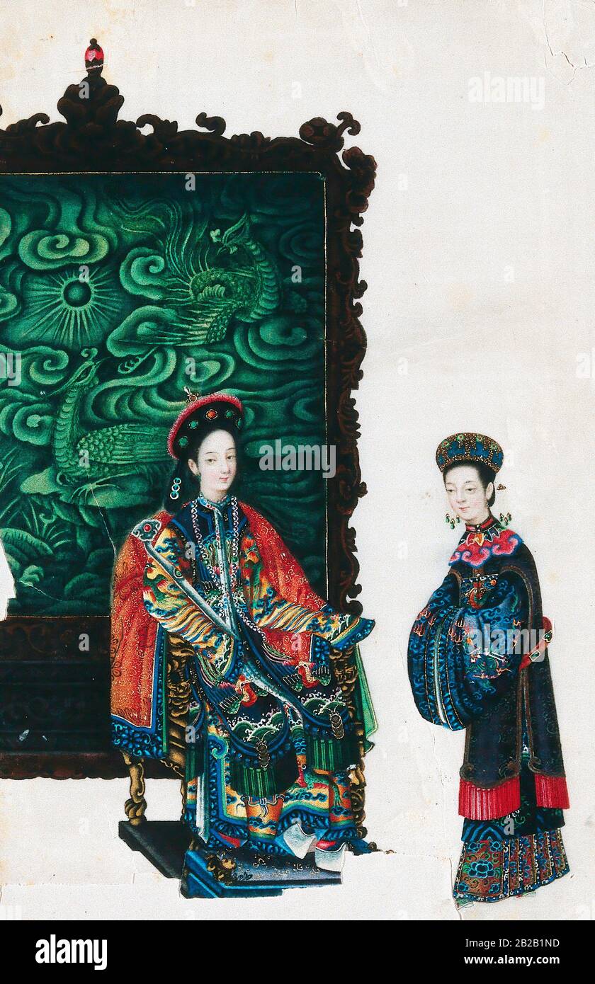 A Chinese lady with her servant. Painting by a Chinese artist ca. 1850 Stock Photo
