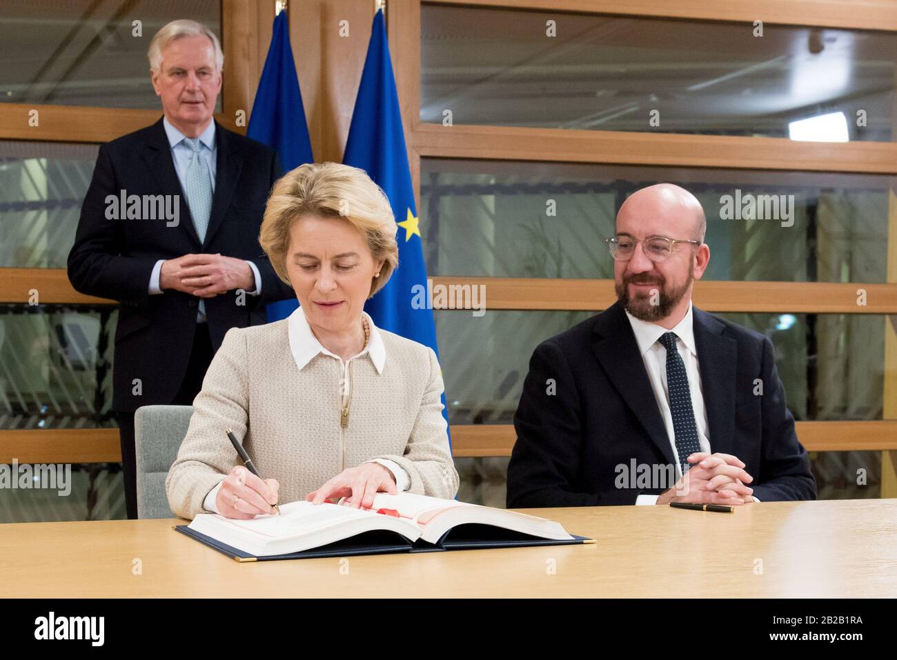 Signature of the UK Withdrawal Agreement (for the EU) by European Council President Charles Michel and European Commission President Ursula von der Stock Photo