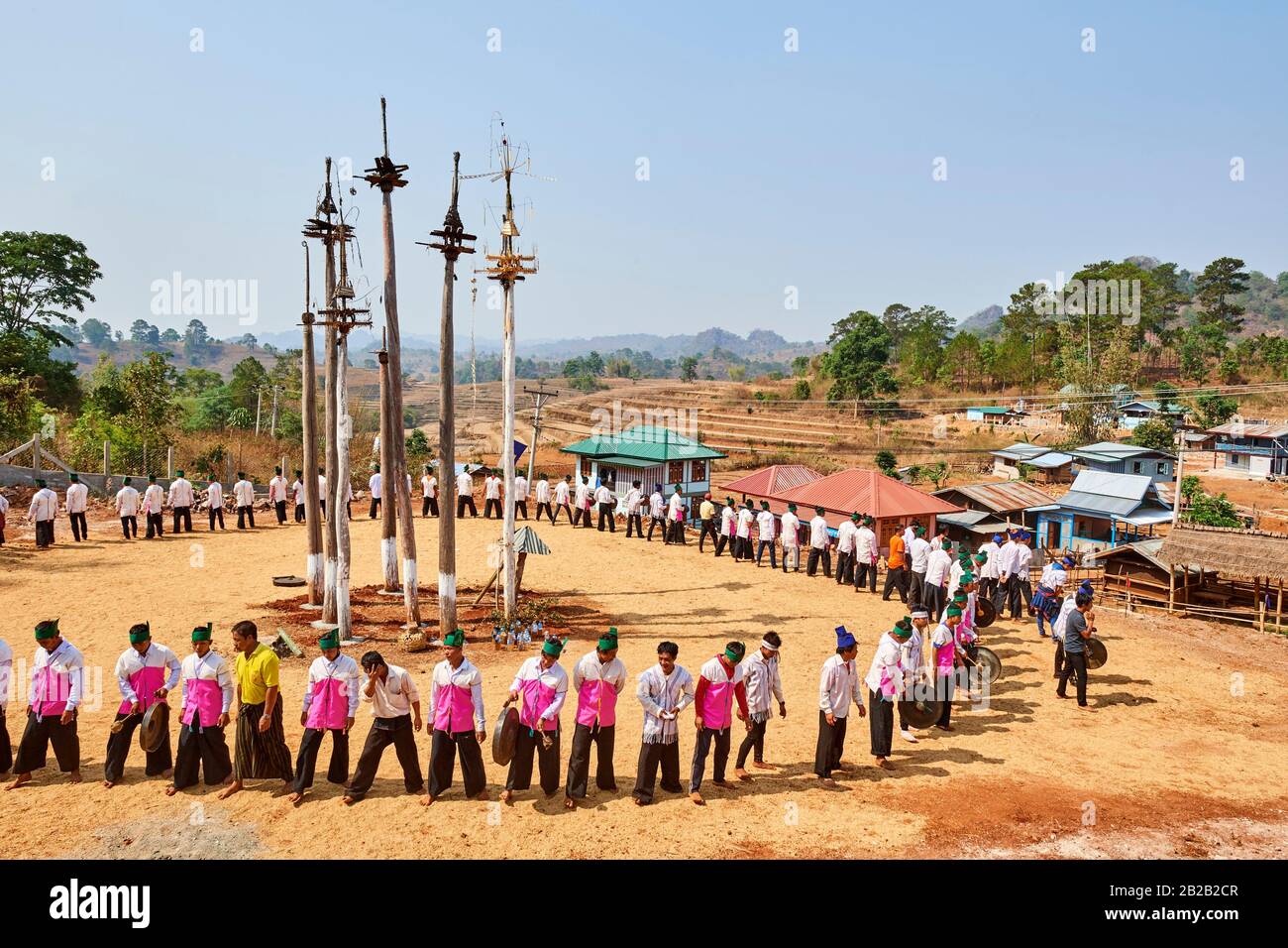 The Kay Htein Bo or spirit poles are found in most Kayan villages. These sacred poles are worshipped once a year, in April. Only men are allowed to Stock Photo