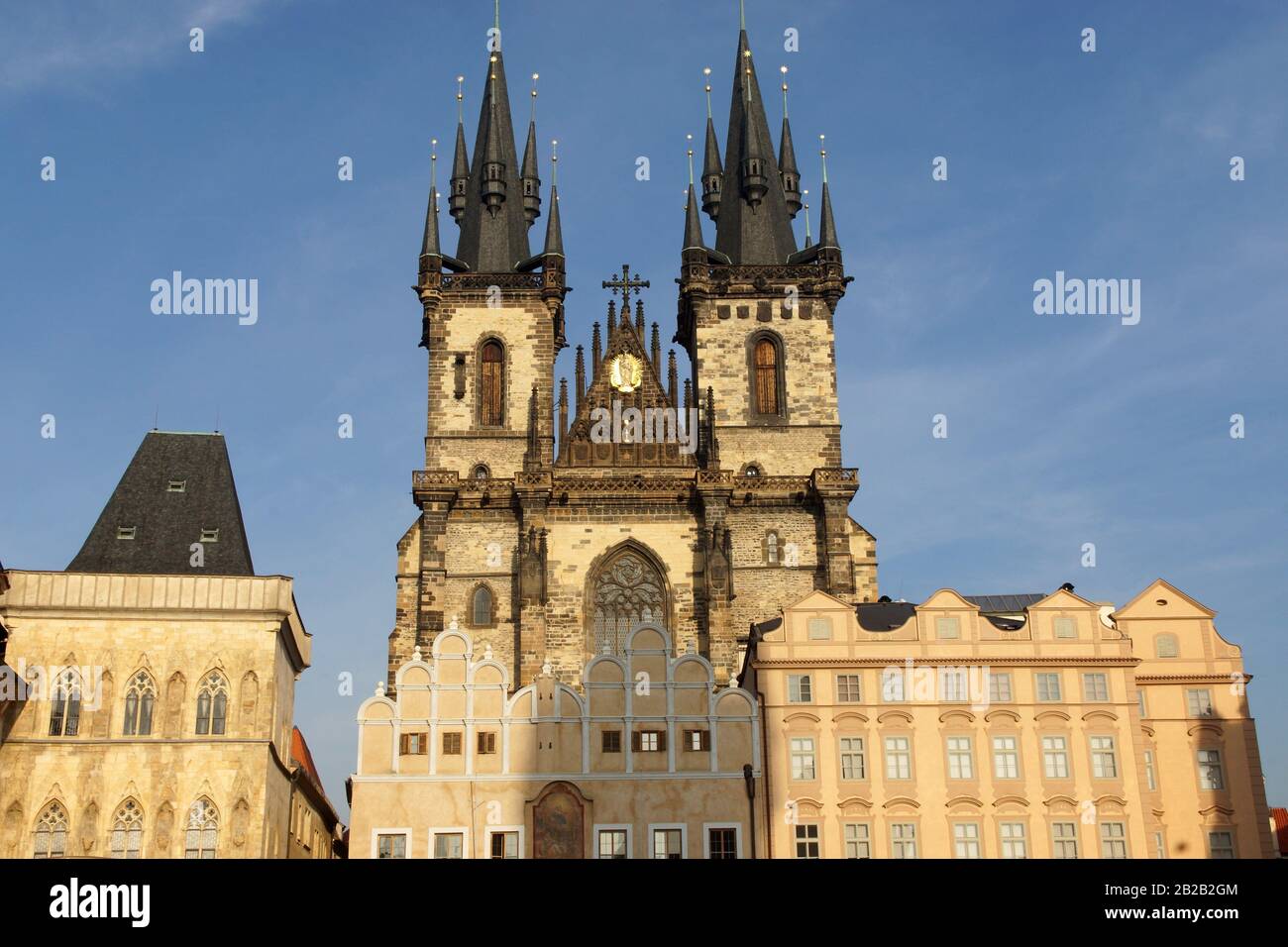 Prague (Czech Republic). Domes of the Church of Týn in Old Town Square (StaromÄ›stské námÄ›stí) of the city of Prague. Stock Photo